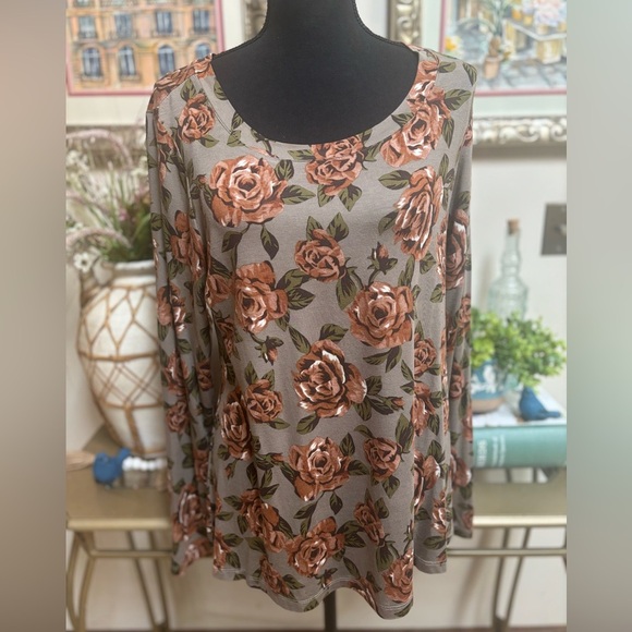 LOGO BY LORI GOLDSTEIN GREEN & BROWN FLORAL DRESSY CASUAL SWING BLOUSE SZ M - Picture 2 of 8
